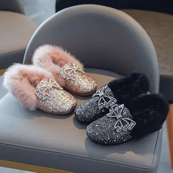 

Autumn And Winter Furry Shoes Girls Wear New Fashion Sequins Wild Flat Bottom Mueller Baotou Shoes Plush Warm Bow Tie Shoes