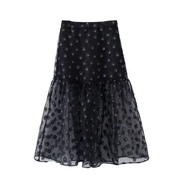 

Fashion Za 2020 women vintage flower printing transparent organza skirt faldas mujer ladies back elasti waist vestidos casual