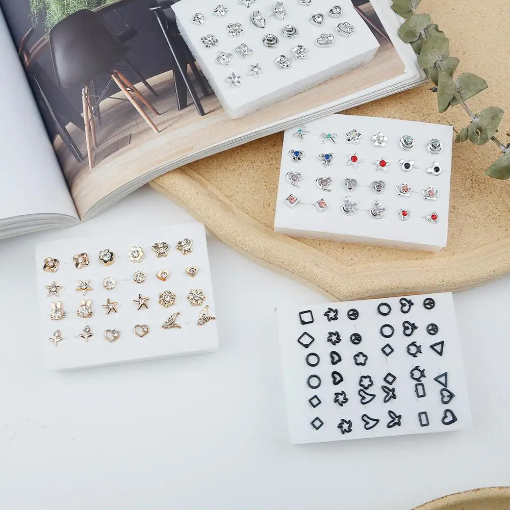 12 Paia Di Orecchini In Plastica Ipoallergenica Per Orecchie Sensibili, Forma Cuore E Stella Con Zirconia Cubica, 3-5mm, Regalo Ideale - 2