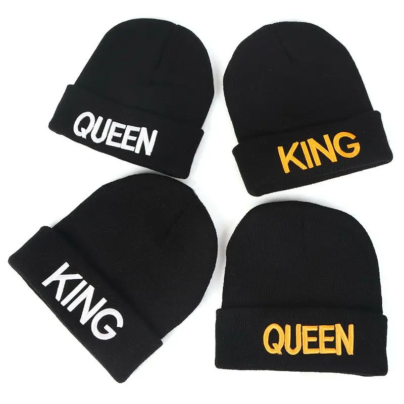 

2020 King Queen Letter Embroidery Thicken knitted Hat Winter Warm Hat Skullies Cap Beanie Hat For Men And Women