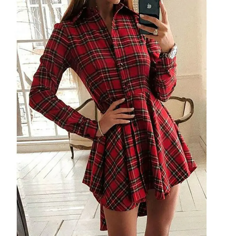 

Plaid Mini Dress V Neck Button Elegant Dresses Ladies Empire Waistline Long Sleeve Casual Dress 2019 Fashion Women Vestidos