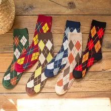 Женские носки; сезон осень-зима; разноцветные вязаные носки с ромбовидным геометрическим принтом; носки-тапочки; теплые ворсовые носки для женщин