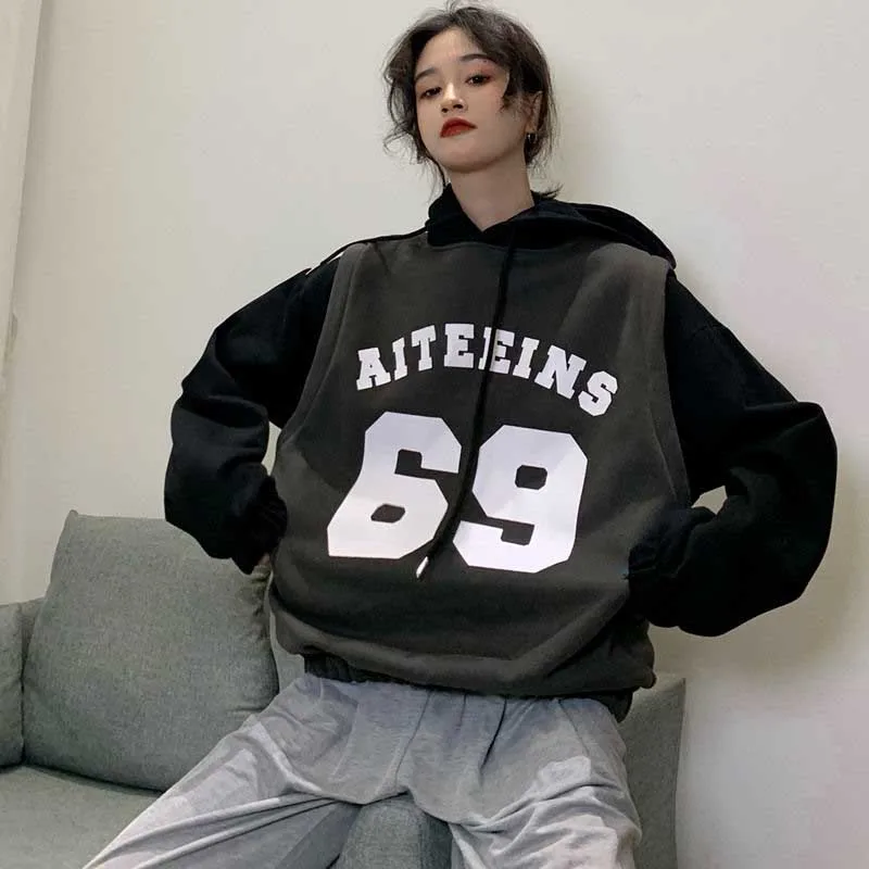 NiceMix Женская Толстовка черная Лоскутная Толстая корейская модная одежда Ulzzang теплые мужские толстовки пуловеры высокого качества уличная одежда