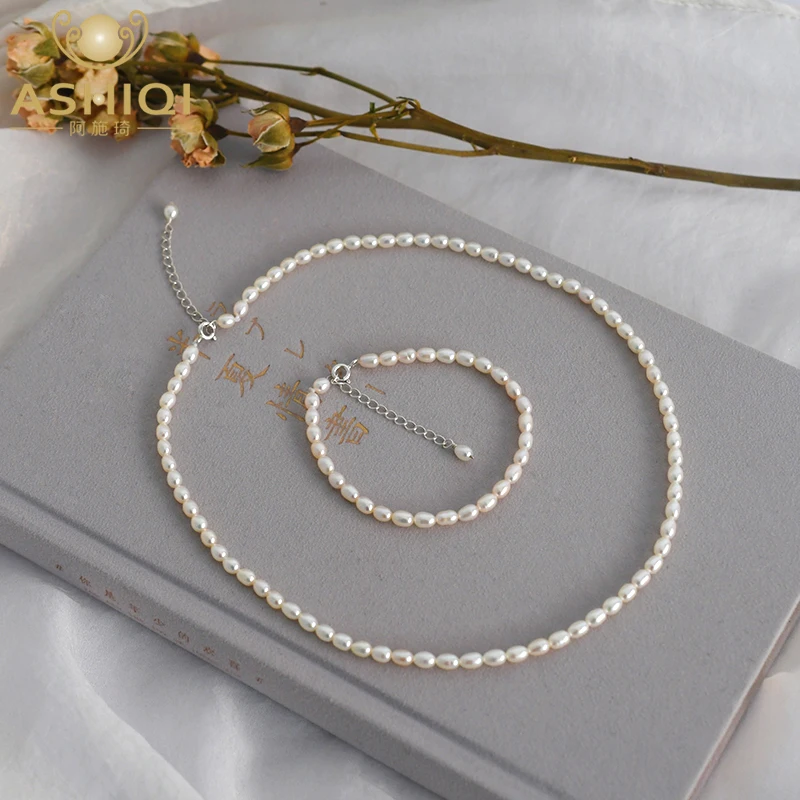 Женский ювелирный комплект из жемчуга ASHIQI Свадебный серебра 925 пробы с