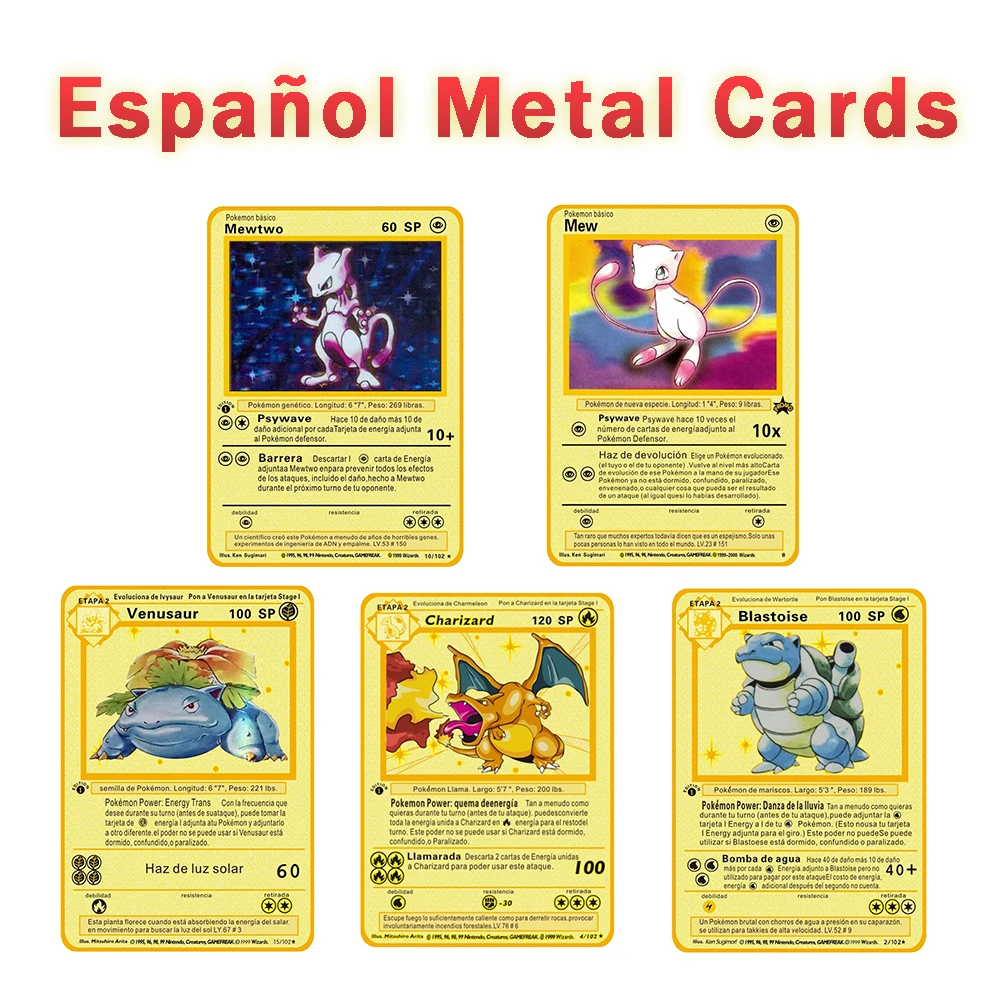 5PCS Spanish Pokemon Gold Metal Pack Cards Card SET Charizard Cartas VMAX GX Battle Game Collection Kids Toys Festival Gift | Игрушки и