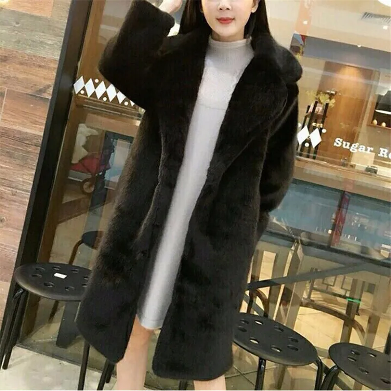 XSJ8868Black Осенне-зимнее теплое плюшевое пальто, повседневная однотонная верхняя одежда с длинными рукавами, топы, элегантные женские пальто из искусственного меха - Цвет: XSJ8868Black