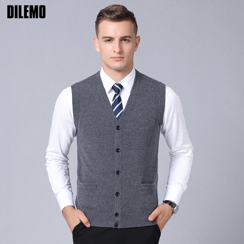 

100% Wool FashionSweaters Men Cardigan V Neck Jumpers Knitwear Sleeveless Winter Slim Fit Korean Style Vest Casual Mens Clothes