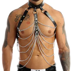 Men Sexy Harness Belt Adjustable Buckle PU Leather Harness Punk Gothic Metal O-Ring Chain Haler Body Chest Belt with Armband