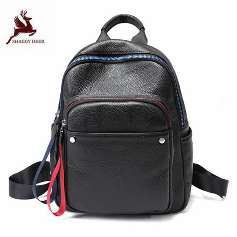

Female Soft Quality First Layer Cow Leather Litchi Pattern Backpack Personality Blue Zipper Multi-pocket Outdoor Travel Bags