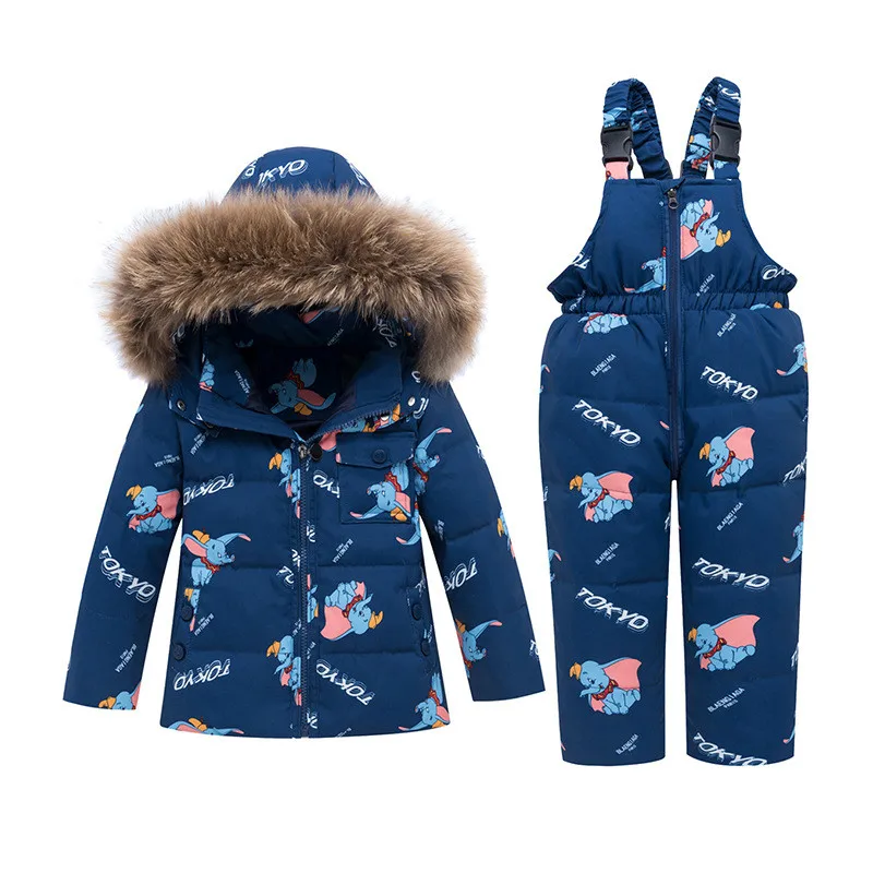 Комплекты детской одежды для русской зимы, комбинезон, зимние куртки+ комбинезон, 2 предмета, пуховое пальто для мальчиков и девочек, зимний комбинезон с рисунком - Цвет: Dark Blue