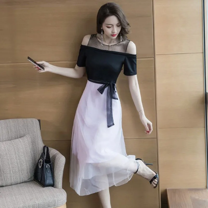 

WOMEN'S Dress 2019 Summer New Style Debutante Elegant Gauze Joint Mock Two-Piece Lace-up Bow Dress