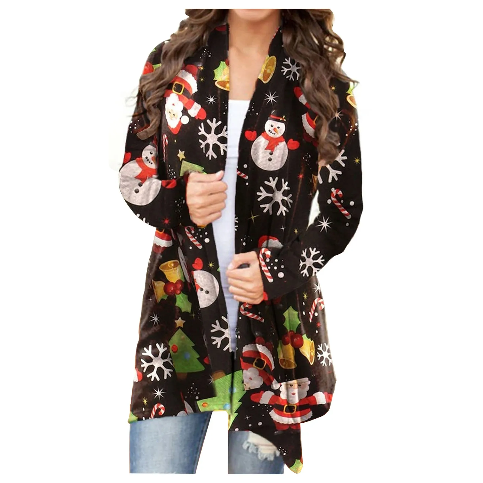 Christmas Womens 2020 Cardigan Snowman Open Front Long Sleeve Loose Flowy Hem cardigan feminino Coat кардиган женский 2