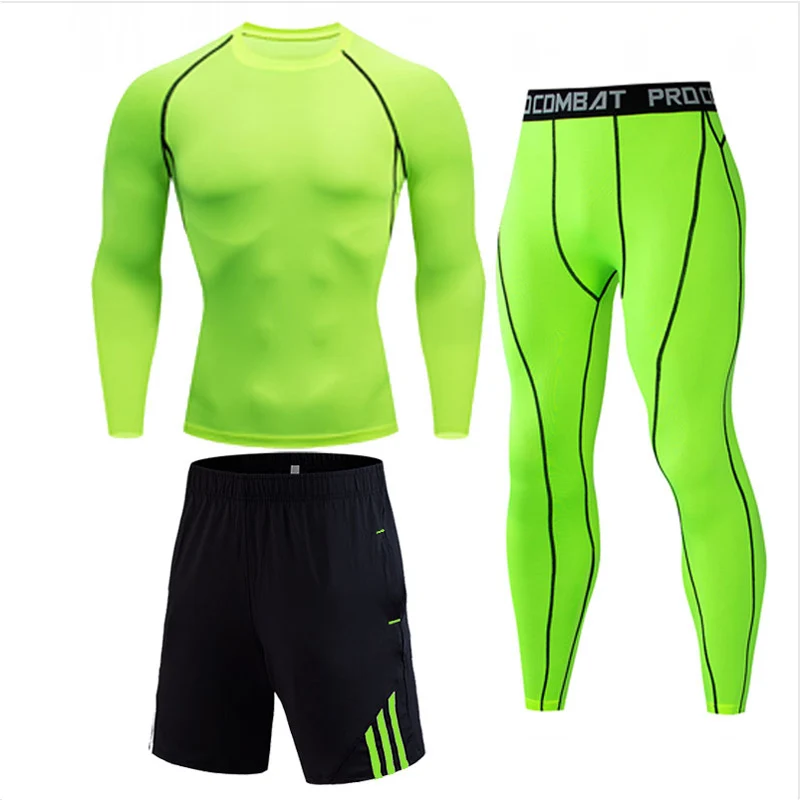 Мужской костюм, черные компрессионные рубашки, штаны, 1-3 шт., спортивный костюм для мужчин, спортивный костюм для бега, зимний спортивный термобелье, S-4XL, спортивная одежда для мужчин, колготки для бега - Цвет: green 3-piece suit