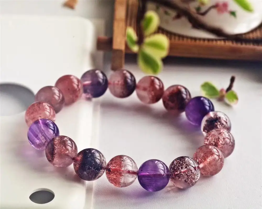 Настоящий натуральный Lepidocrocite кварц супер семь 7 фиолетовый Рутиловый Кристалл Круглые бусины браслет 11,7 мм для женщин сертификат AAAAA