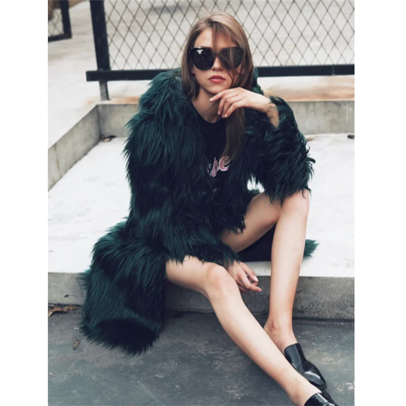 Winter Women Elegant Fashion Long Coat Plus Size Hooded Streetwear Faux Fur Black Coat