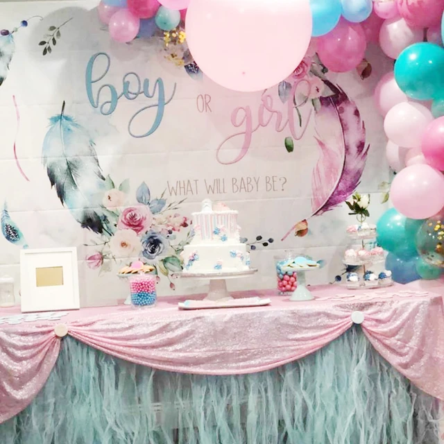 Gender Reveal Party Backdrop Backdrop Boy or Girl Pink Blue Feather Flower Baby  Shower Party Decoration - AliExpress