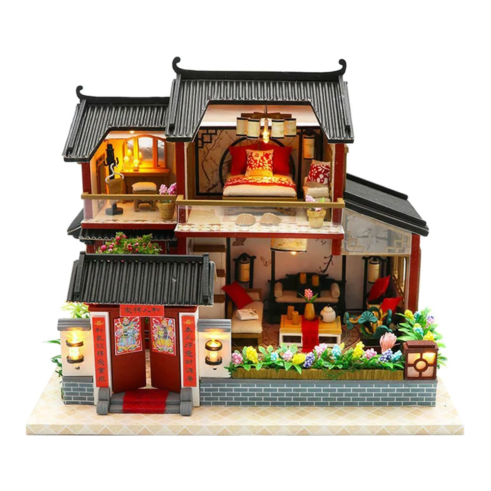 

Bright Color Gift Chinese Style DIY Assemble 3D Wooden Build House Model Kit Toy Miniature LED Lighting Intellectual Exquisite