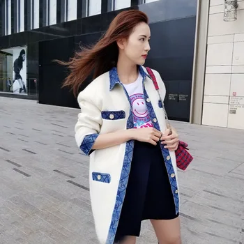 

2020 New Tweed Denim Stitching Coat Women Single-breasted Spring Summer Simple Outwear Female Jacket Top