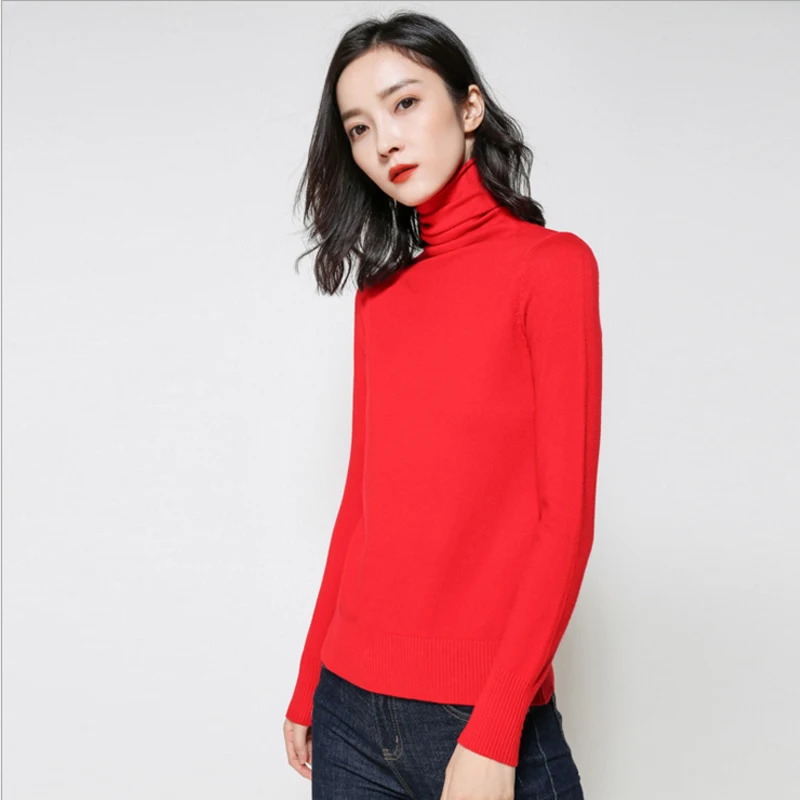 Женские вязаные свитера с высоким воротом, длинный рукав, базовый пуловер, джемпер, Осень-зима, бежевые вязаные водолазки для женщин - Цвет: Красный