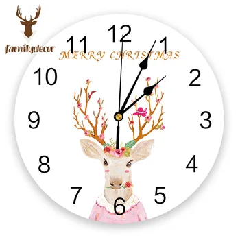 

White Christmas Reindeer Printed PVC Wall Clock Modern Design Home Decor Bedroom Silent O'clock Watch Wall For Living Room