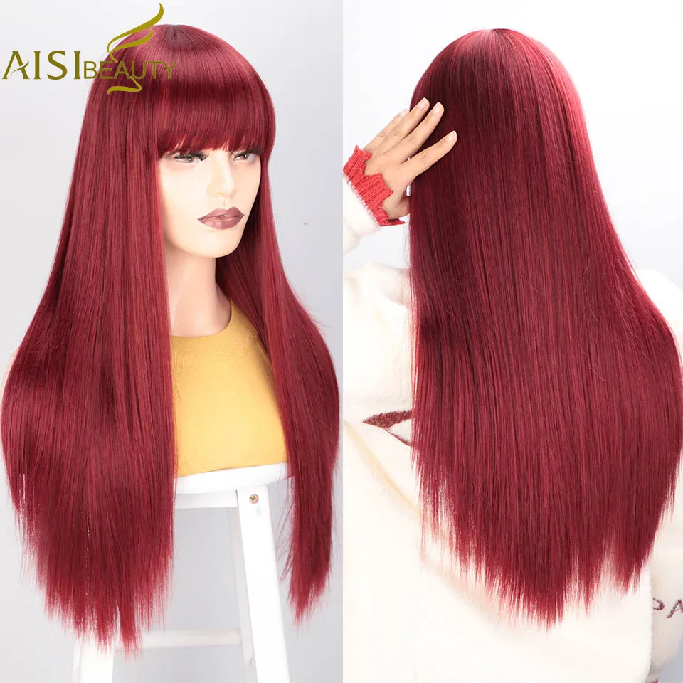 AISIBEAUTY синтетический парик с челкой Длинные прямые парики для женщин термостойкие волокна волос красный/черный/Блонд wig3Cloors доступны - Цвет: WL9353-118-113