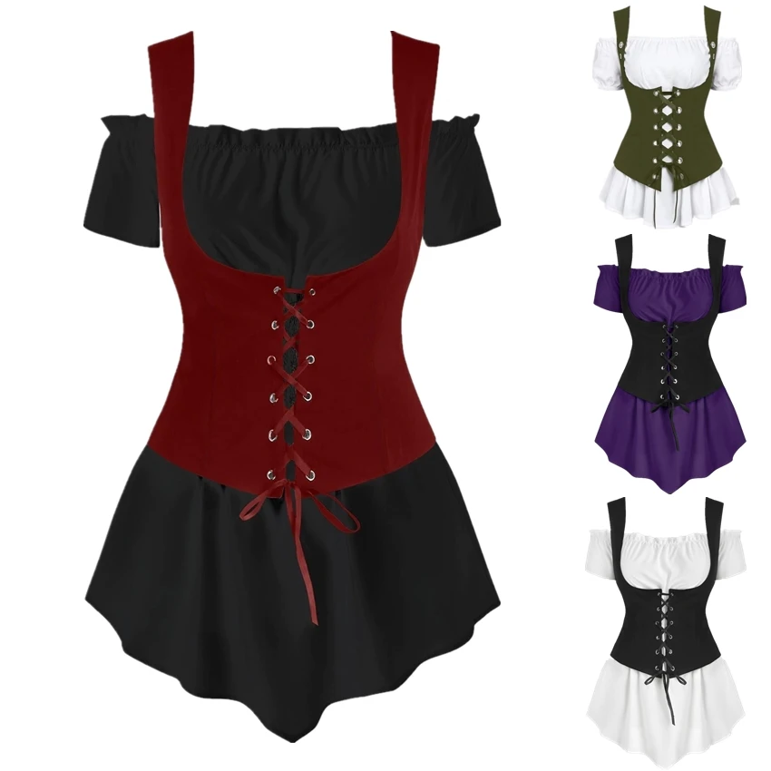 

Medieval Steampunk 2Peices Clothing Set for Woman Off Shoulder Shirt Bandage Vest Stage Viking Pirate Cosplay Costumes S-5XL
