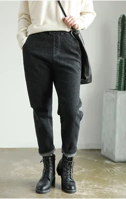 Черный Autumn Winter Jeans Fashion Slim-type Fleece Women Denim Pants New Elastic Waist Button pocket Ladies Casual All-match Trousers - Цвет: Черный