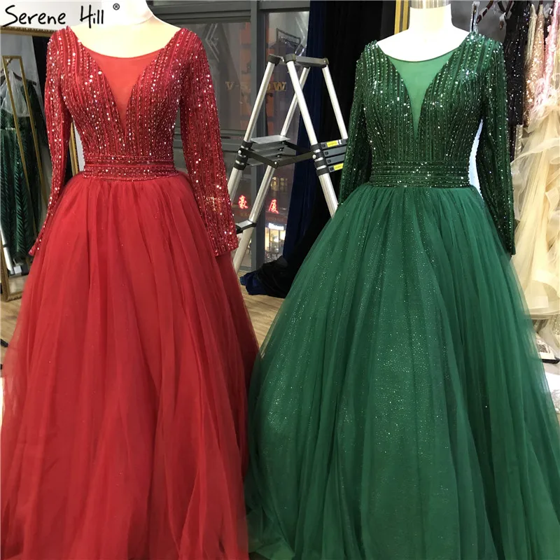 Dubai Pink V-Neck Lace Up Prom Dresses 2020 Long Sleeves Sequins Beading A-Line Long Prom Gowns Serene Hill BLA70237