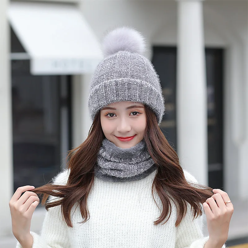 Hat Scarf Set Winter Women Plus Velvet Thick Warm Outdoor Sport Chenille Knit Hat And Scarf Korean Female Beanies Caps F24810AD