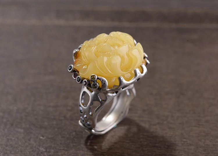 FNJ кольца с янтарным цветком, 925 серебро, регулируемый размер, открытый, популярное, S925 твердое серебряное кольцо для женщин, ювелирное изделие, прекрасный желтый камень