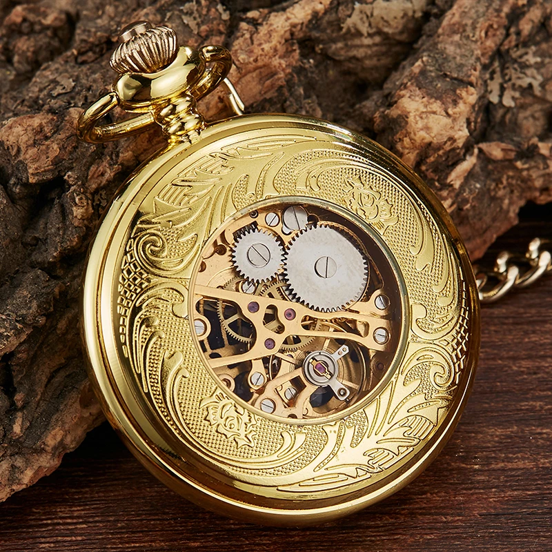 Luxury Mechanical Pocket Watch Skeleton 6 Hollow Roman Numeral Reloj Fob Chain Pendant Hand Winding Men Mechanisch zakhorloge