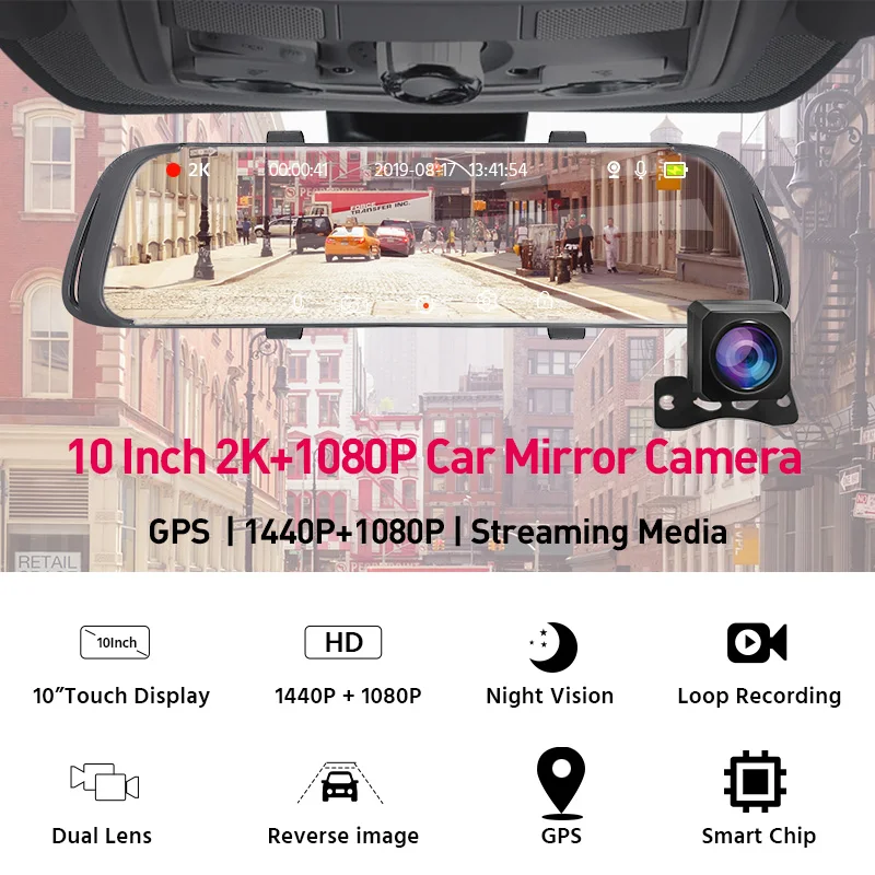 E ACE A42 10 дюймов 2K Автомобильный видеорегистратор зеркальный FHD 1440P регистратор