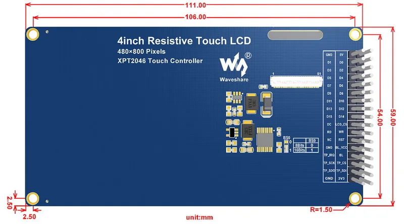 Waveshare 4 дюйма 480*800 пикселей ips lcd, резистивный сенсорный, 8080 Параллельный интерфейс 65K красочный экран
