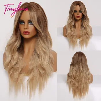

TINY LANA Long Wavy Synthetic Wig Middle Point Natural Hairstyle For women Gradient Brown Golden with Highlight Heat Resistant