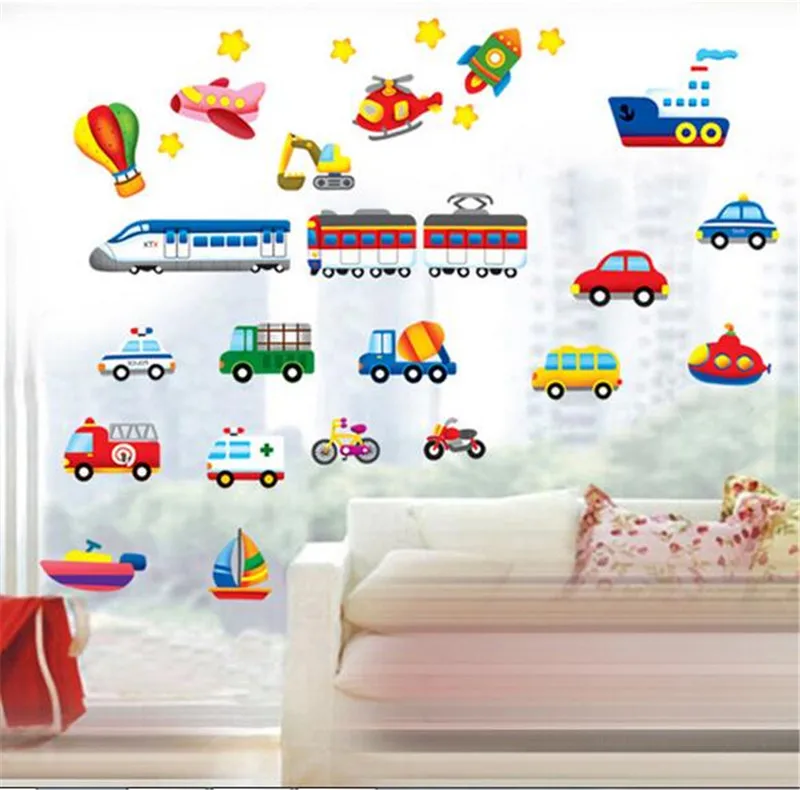 Cartoon Car Train Wall Sticker Living Room Bedroom TV Background Decoration Art Mural wall stickers for kids rooms | Дом и сад