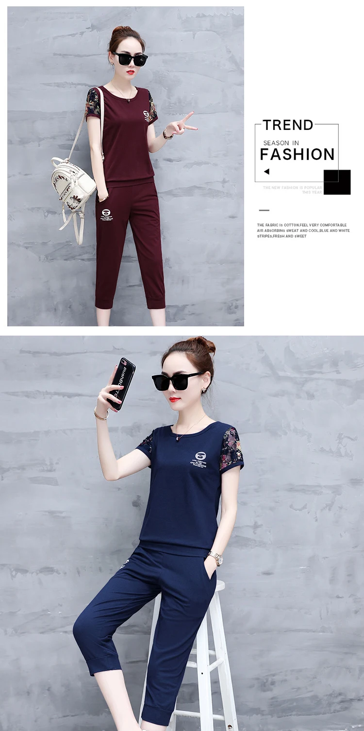 New Sports Suit Women's Summer Fashion Casual Running Wear Large Size Short-sleeved Two-piece Seven-minute Pants