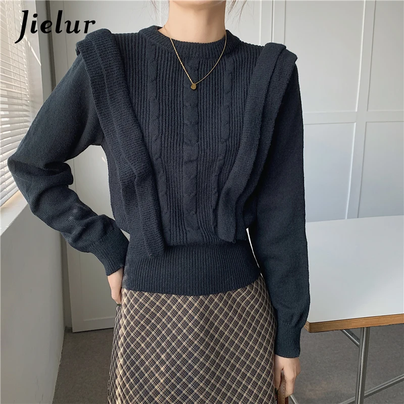 

Jielur Vintage Round Collor Sweaters Female Autumn Winter Korean Style White Pullovers New All-match Black Women knitted Sweater