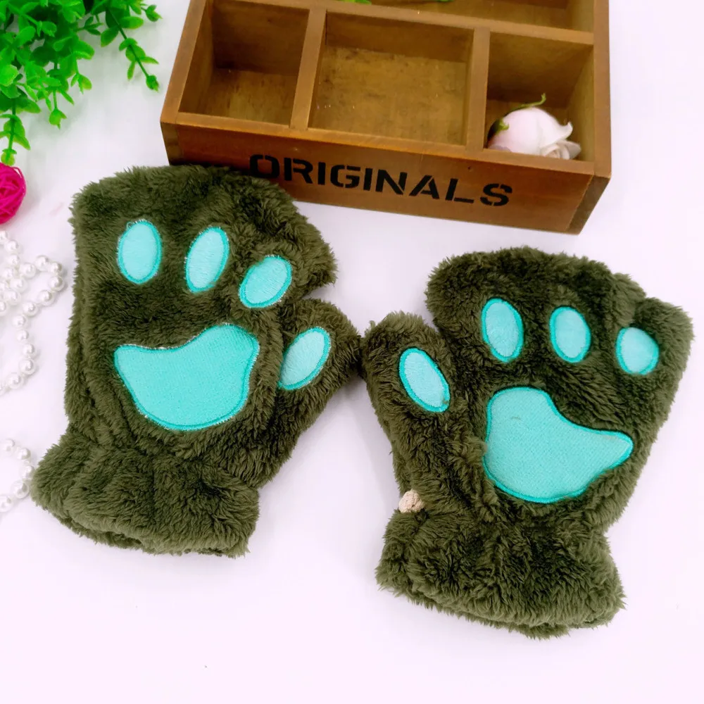 Women Plus Velvet Thickening Half-finger Flip Keep Warm Gloves Casual Cute Cartoon Dog Wrist Warmer Mittens#Zer