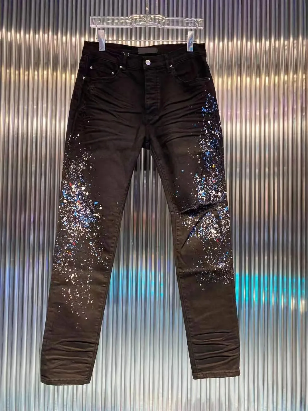 Мужские джинсы с эффектом потертости AM модные черные зауженные дырками