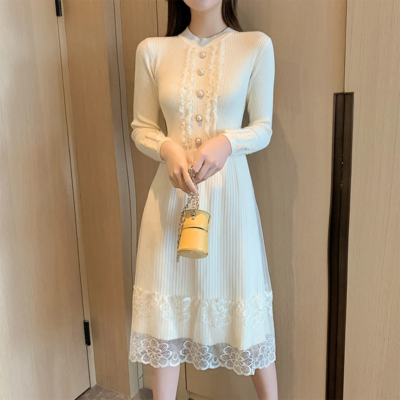 

Japanese Fashion Wool Sweaters Dress for Women Button Knitting Woman Dress Winter Long Sleeve Office Lady Bodycon Dress