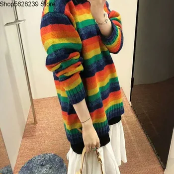 

A~c2020 Rainbow Stripes Spell Color Mohair Loose Leisure Women's Wear Pullover Sweater 190637