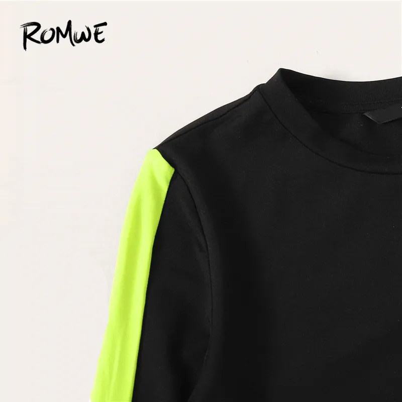 ROMWE, контрастная неоновая футболка и леггинсы, комплект из 2 предметов, женские костюмы, Спортивная рубашка с длинным рукавом, осенний Женский комплект