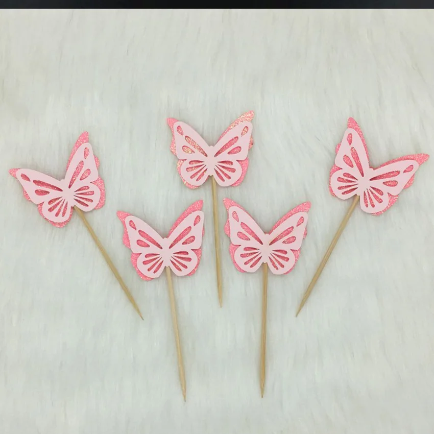 50PCS New Creative Three-dimensional Flash Pink Butterfly Dessert Decoration for Cake Insertion at Birthday Wedding Party