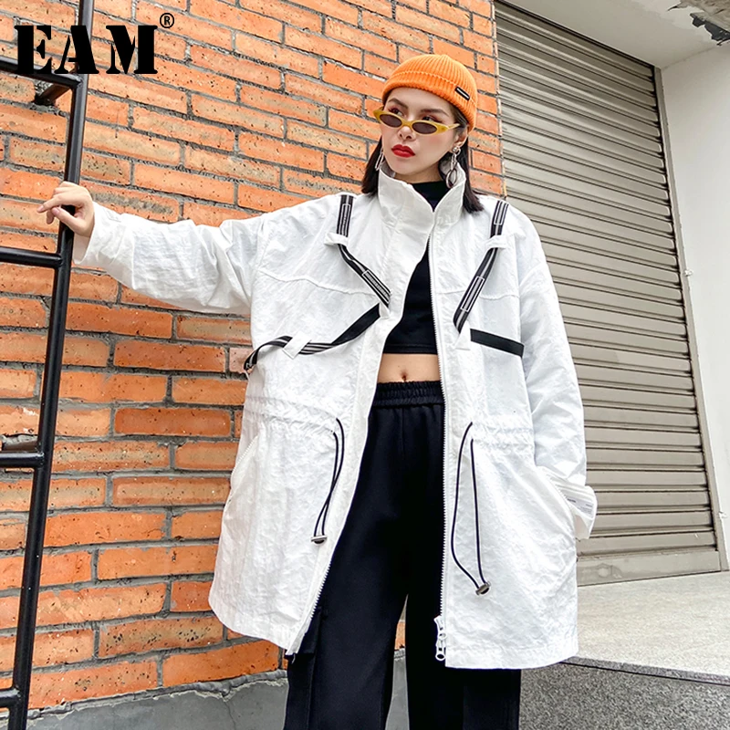 

[EAM] Women White Pattern Print Big Size Trench New Stand Collar Long Sleeve Loose Fit Windbreaker Fashion Spring 2020 1R477