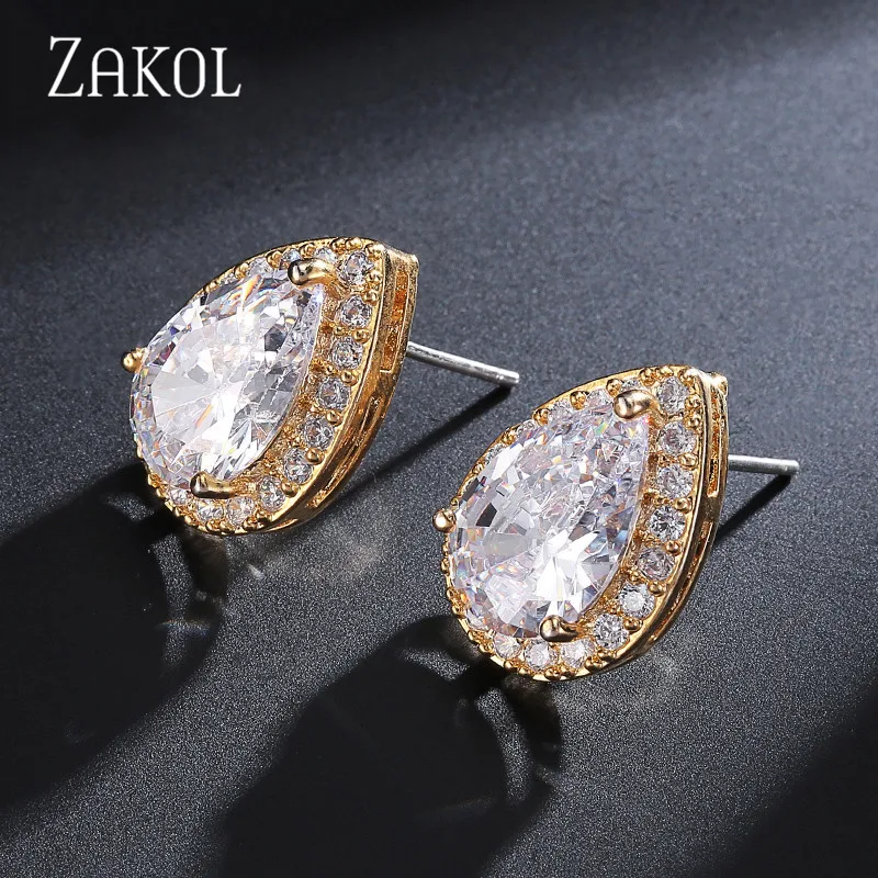 ZAKOL Fashion Big Pear Cubic Zircon Stud Earrings with Tiny Crystal Exquisite White Color Bridal Wedding Jewelry Aretes FSEP001