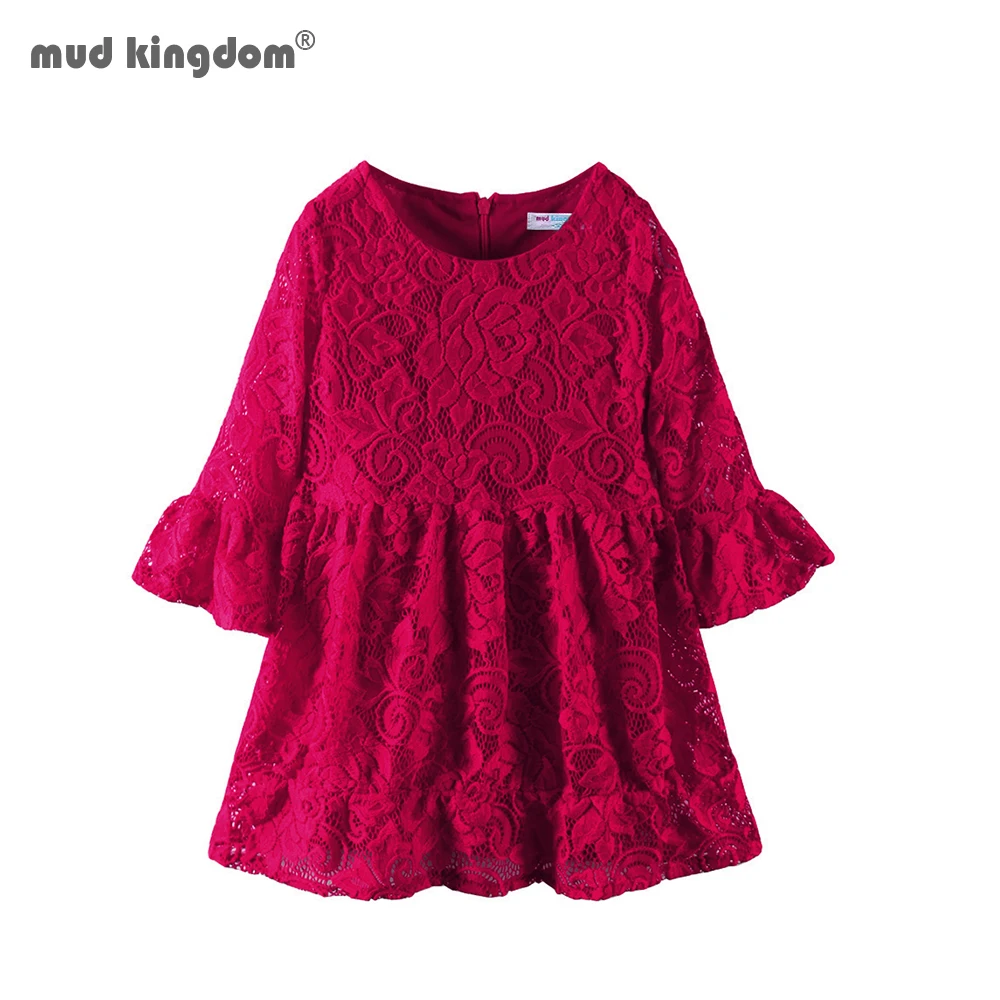 Mudkingdom Fashion Little Girl Dress Flared Solid Long Sleeve Lace A-line Dresses for Girls Clothes Kids Clothing | Детская одежда и