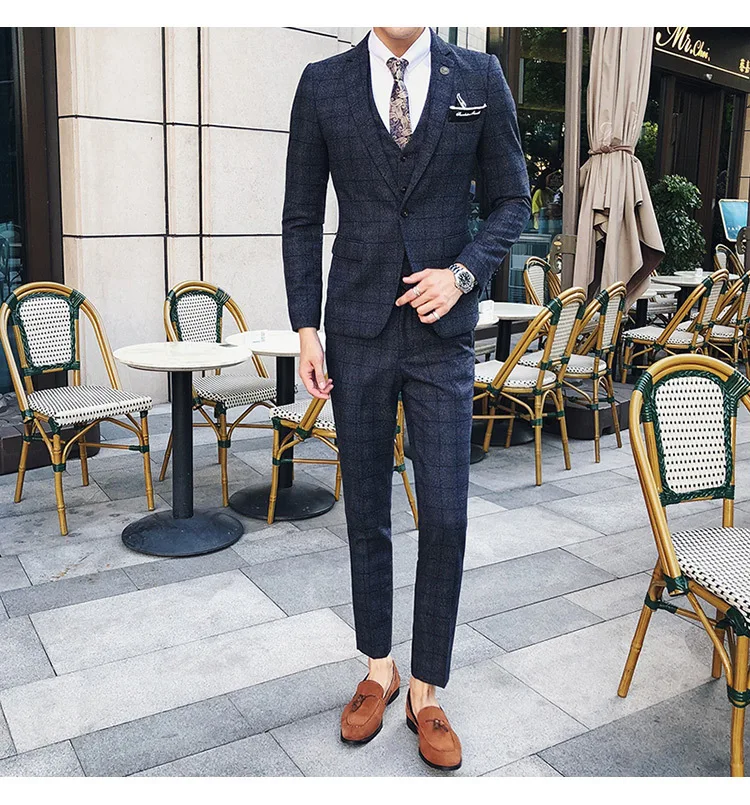 Autumn And Winter Plaid Suit Men's British Wind Wedding Wool Three Sets Of Korean Slim Thick Small Suit Handsome