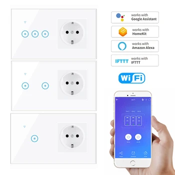 

Wifi wall touch switch with EU US socket ewelink app remote control work with Google home Amazon Alexa 1/2/3-Gang light Switch