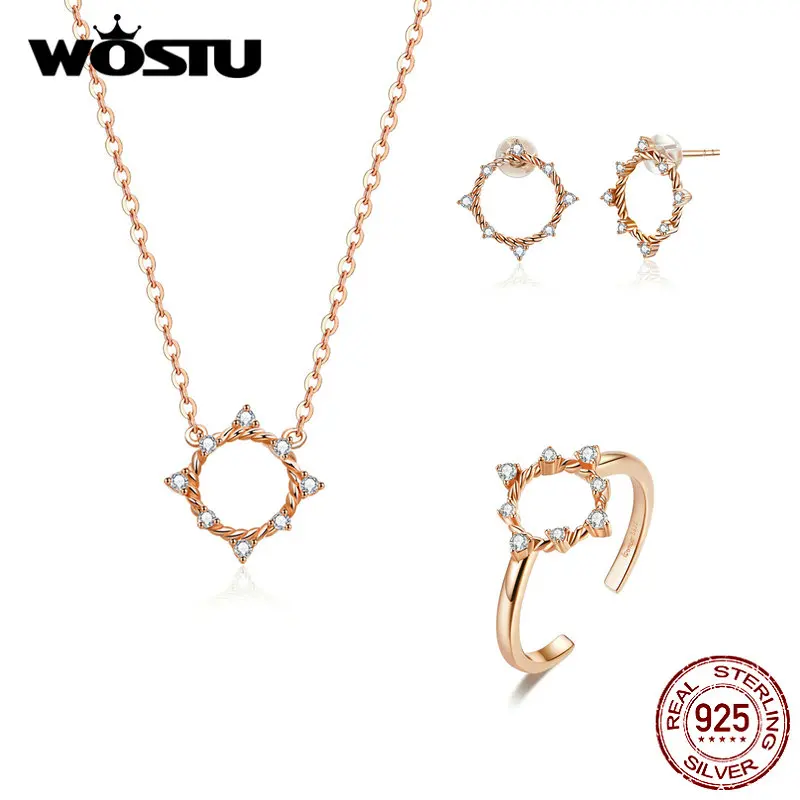 WOSTU Аутентичные 925 пробы серебряные блестящие геометрические счастливые ювелирные изделия набор ожерелье серьги и открытие кольцо для женщин делая подарок