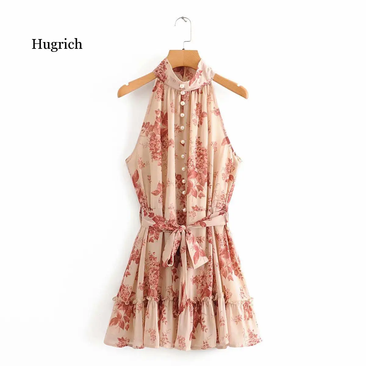 

European and American Women's Dress 2020 Summer New Pearl Button Ruffle Design Lace Up Dress